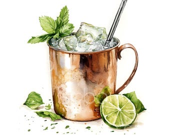 25 Moscow Mule Drink Clipart, Wedding Cocktail, Printable Watercolor Art, High Quality JPG, Digital Download, Paper Craft Junk Journal S667