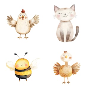 May include: Watercolor illustrations of four cute farm animals: a chicken with outstretched wings, a smiling cat, a bumblebee, and a chick with open wings. The animals are in soft, warm colors, perfect for children's decor.