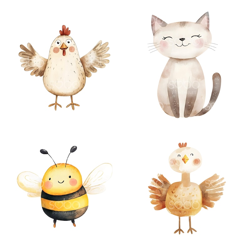 May include: Watercolor illustrations of four cute farm animals: a chicken with outstretched wings, a smiling cat, a bumblebee, and a chick with open wings. The animals are in soft, warm colors, perfect for children's decor.