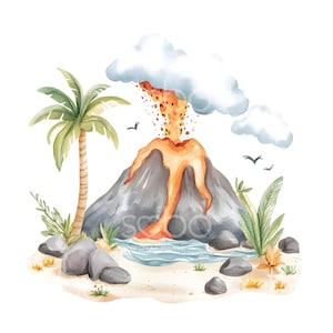 22 Cartoon Volcano Clipart, Wybuchający Wulkan Górski Krajobraz, Wydrukowalna Akwarela, Wysokiej Jakości JPG, Pobieranie Cyfrowe, Papierowe Rękodzieło S887
