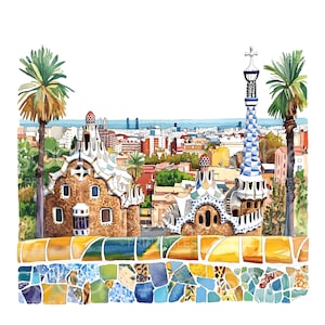 17 Park Guell Barcelona clipart, Spanje reizen poster kunst, hoge kwaliteit JPG afdrukbare, digitale download, Paper Craft, Junk Journal S530