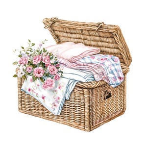 28 Clipart panier à linge en osier, linge frais, aquarelle imprimable, fichiers JPG de haute qualité, téléchargement numérique, créations en papier, journal indésirable S865