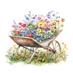 K&ouml;nnte beinhalten: Ein alter Schubkarren, der &uuml;berquillt mit einem bunten Sortiment an Wildblumen, darunter rosa, lila, gelbe und blaue Bl&uuml;ten. Der Schubkarren steht auf einem Bett aus gr&uuml;nem Gras mit verstreuten Wildblumen.