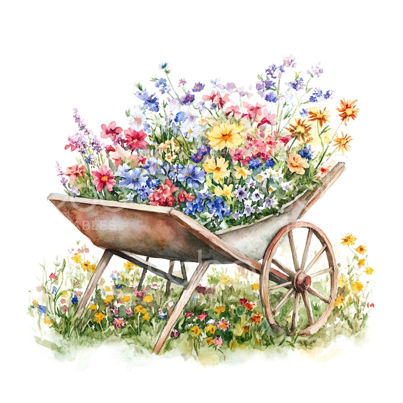 K&ouml;nnte beinhalten: Ein alter Schubkarren, der &uuml;berquillt mit einem bunten Sortiment an Wildblumen, darunter rosa, lila, gelbe und blaue Bl&uuml;ten. Der Schubkarren steht auf einem Bett aus gr&uuml;nem Gras mit verstreuten Wildblumen.