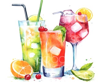 May include: Three watercolor illustrations of different cocktails. A green cocktail with a lime wedge, a red cocktail with a lemon wedge, and an orange cocktail with a cherry.
