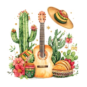 12 Clipart arrangement mexicain, guitare, cactus, tacos sombrero, carte Cinco de Mayo, fichiers JPG de haute qualité, aquarelle, téléchargement numérique S600