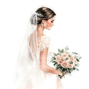 17 Braut mit Blumenstrauß Clipart, Hochzeit, Braut von hinten, printable Aquarell Clipart, hochwertige JPGs, digitaler Download, Papiermodell S544