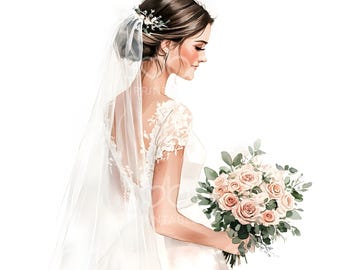17 Bride with Bouquet Clipart, Wedding, Bride from back, Printable Watercolor Clipart, High Quality JPGs, Digital Download, Paper Craft S544