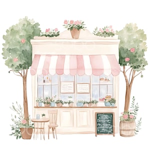 May include: A watercolor illustration of a pink and white storefront with a striped awning. The storefront has a large window with plants and a chalkboard sign that reads "Daily Soup & Bread, Fresh Croissants, Homemade Cakes, Sandwiches & Salads". There are two trees with pink flowers on either side of the storefront.