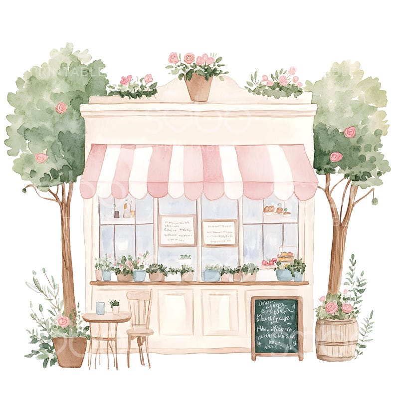 May include: A watercolor illustration of a pink and white storefront with a striped awning. The storefront has a large window with plants and a chalkboard sign that reads "Daily Soup & Bread, Fresh Croissants, Homemade Cakes, Sandwiches & Salads". There are two trees with pink flowers on either side of the storefront.
