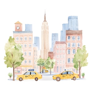 Può includere: Illustrazione ad acquerello di una scena di strada di New York con taxi gialli, edifici e l'Empire State Building. L'opera d'arte ha una tavolozza di colori tenui e pastello con alberi e una torre dell'orologio.
