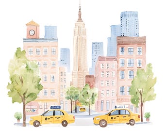May include: Watercolor illustration of a New York City street scene featuring yellow taxis, buildings, and the Empire State Building. The artwork has a soft, pastel color palette with trees and a clock tower.