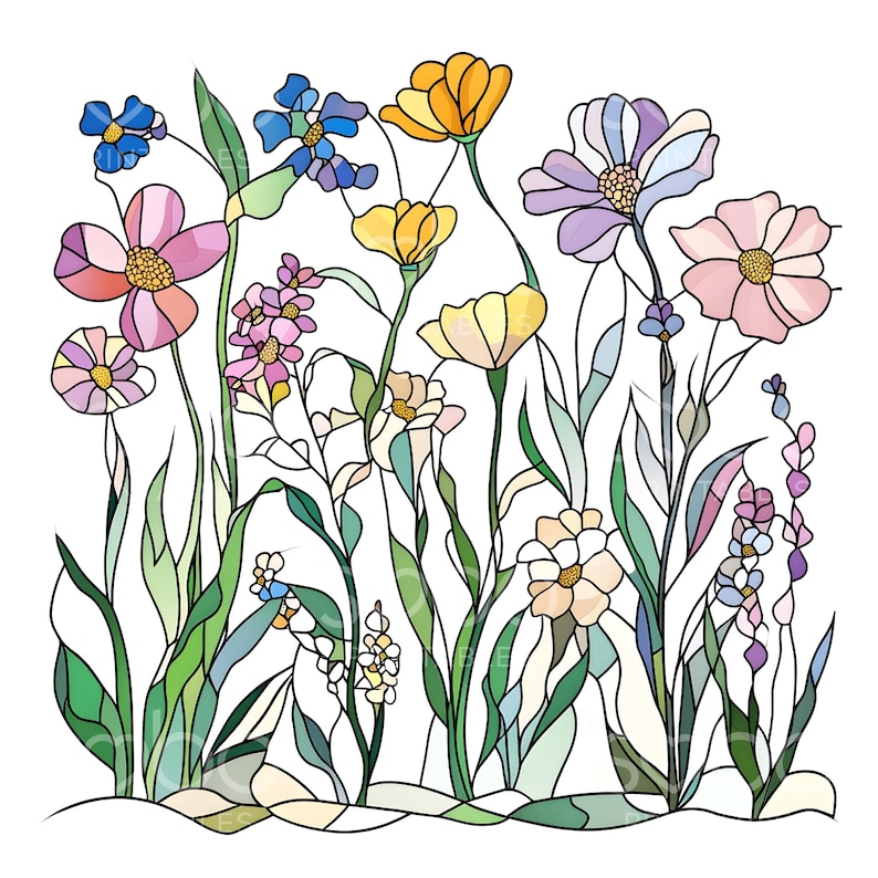 23 Stained Glass Wildflowers Clipart, Abstract Flowers Wall Art, High