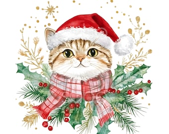 クリスマス猫サンタ帽子クリップアート19点、お祝い猫、水彩クリスマス