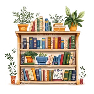 May include: A wooden bookshelf with three shelves filled with colourful books. There are potted plants on top of the bookshelf and on the bottom shelf. The bookshelf is against a white background.