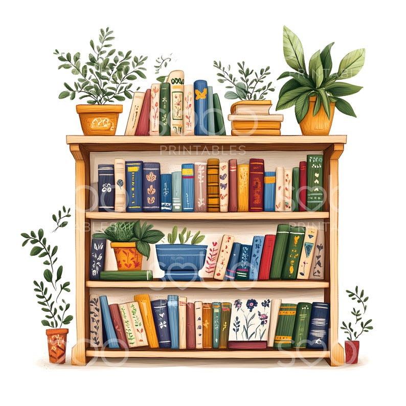 May include: A wooden bookshelf with three shelves filled with colourful books. There are potted plants on top of the bookshelf and on the bottom shelf. The bookshelf is against a white background.