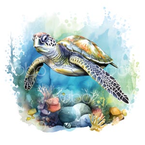 May include: A watercolor painting of a green sea turtle swimming in blue water with coral reefs and fish. The turtle has a green shell with orange and yellow markings. The coral reefs are a variety of colors, including pink, orange, and yellow. The fish are a variety of colors, including blue, yellow, and orange.