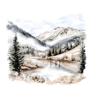 May include: Watercolor painting of a serene mountain landscape. The artwork depicts snow-capped mountains, a calm lake, and evergreen trees. The color palette includes shades of gray, brown, and white, creating a peaceful, natural scene.