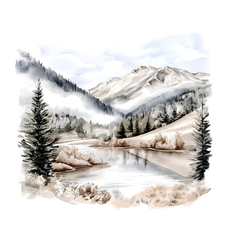 May include: Watercolor painting of a serene mountain landscape. The artwork depicts snow-capped mountains, a calm lake, and evergreen trees. The color palette includes shades of gray, brown, and white, creating a peaceful, natural scene.