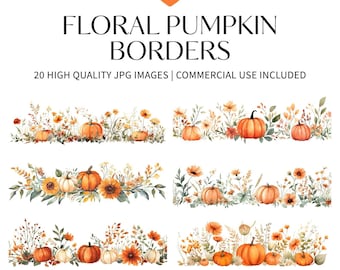 May include: A set of 20 digital images featuring watercolor illustrations of floral pumpkin borders. The borders are perfect for adding a touch of fall to your designs.