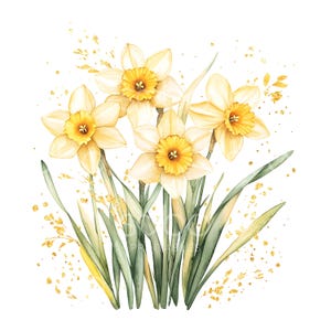 May include: Watercolor painting of a bouquet of yellow daffodils with green leaves and gold glitter accents.