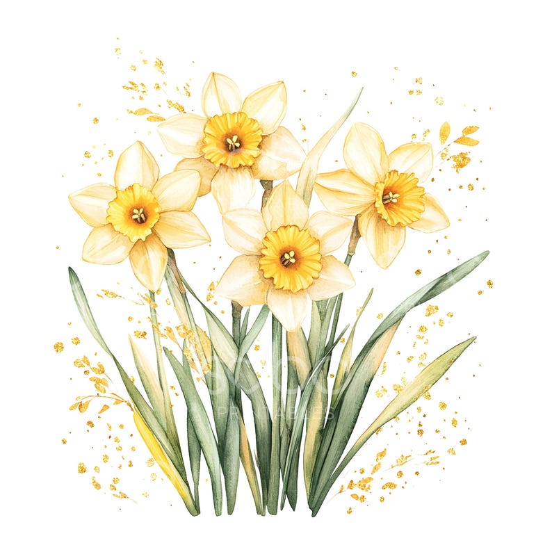 May include: Watercolor painting of a bouquet of yellow daffodils with green leaves and gold glitter accents.