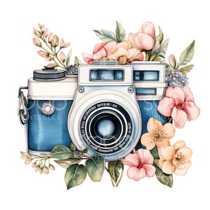 Imágenes prediseñadas de cámara floral vintage: 12 archivos JPG de alta calidad, para scrapbooking, revistas basura, planificadores digitales, uso comercial, descarga instantánea S04