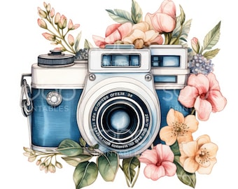 May include: Watercolor illustration of a vintage camera in shades of blue and white, adorned with pink, peach, and green floral accents. The camera lens is detailed with text. A charming design for photography enthusiasts.