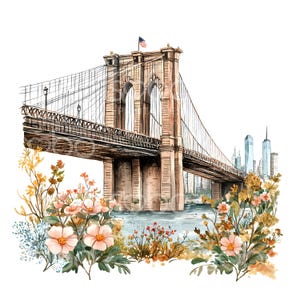 22 Brooklyn Bridge Clipart, New York City Painting, Wall Art, Printable High Quality JPGs, Digital Download, Paper Craft, Junk Journal S951