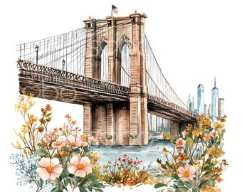 May include: Watercolor illustration of the Brooklyn Bridge with an American flag. The bridge is depicted in shades of brown and beige, with delicate suspension cables. Colorful flowers and foliage frame the bridge, with the New York City skyline in the background.