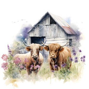 19 Clipart ferme vache Highland, Clipart ferme, aquarelle imprimable, fichiers JPG de haute qualité, téléchargement numérique, journal indésirable, créations en papier S151