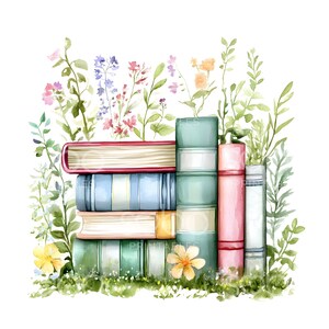 24 Clipart di pila di libri primaverili, Shabby Chic, Libro floreale, Arte ad acquerello, JPG di alta qualità, Download digitale, Lavoretti di carta, Diario di scarto S804