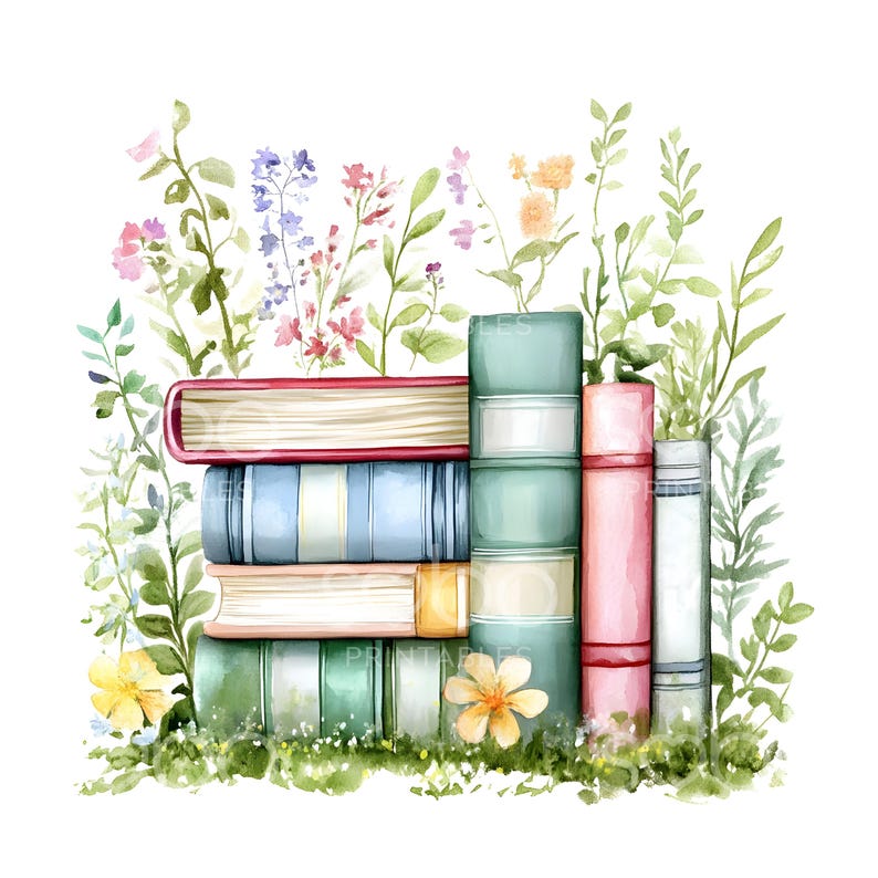 Spring Colored Book Stack 24 Spring Books Stack Clipart, Shabby Chic, Floral Book, Watercolor Art ...