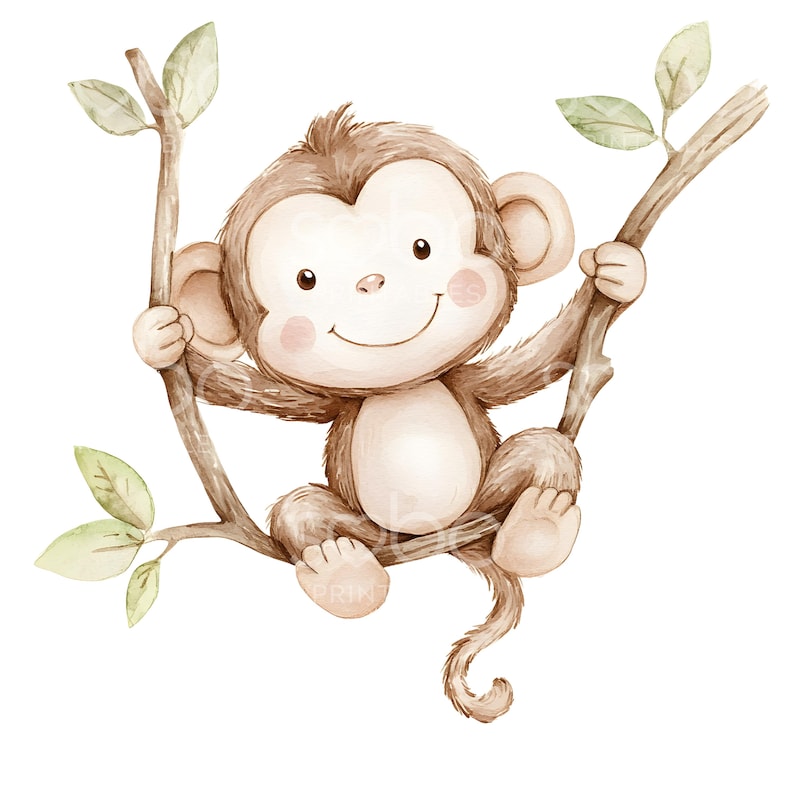 May include: A watercolor illustration of a brown monkey sitting on a branch with green leaves. The monkey is smiling and has a long tail.