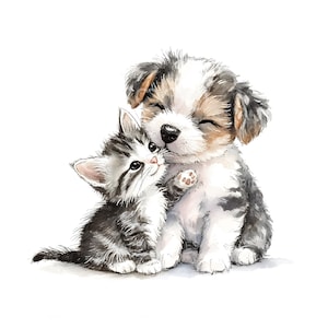 24 cliparts chiot mignon chaton, chaton et chiot, aquarelle imprimable, fichiers JPG de haute qualité, téléchargement numérique, papier craft indésirable journal S771