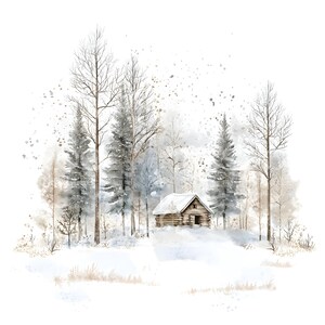 May include: Watercolor painting of a snowy winter scene. A small wooden cabin sits nestled among snow-covered trees. The artwork features a muted color palette of grays, browns, and whites, with a soft, dreamy quality. The trees are a mix of bare branches and evergreen.