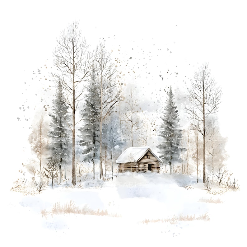 May include: Watercolor painting of a snowy winter scene. A small wooden cabin sits nestled among snow-covered trees. The artwork features a muted color palette of grays, browns, and whites, with a soft, dreamy quality. The trees are a mix of bare branches and evergreen.