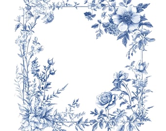 20 Blue Toile Frame Clipart, French Toil de Jouy, Chinoiserie Frames, Toile Floral, High Quality JPGs, Digital Download, Paper Craft S891