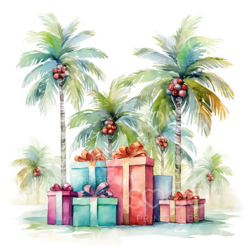 May include: A watercolor painting of a tropical scene with palm trees and wrapped gifts. The gifts are stacked in a pile and are decorated with red, blue, and green ribbons. The palm trees have green leaves and red coconuts.