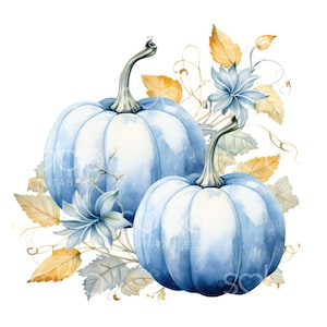 Clipart di zucca acquerello blu - 10 JPG di alta qualità, download digitale - Creazione di biglietti, tecniche miste, artigianato di carta digitale, arte murale S23