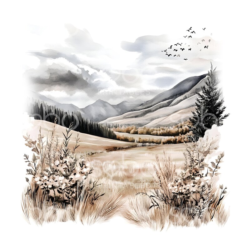 May include: Watercolor landscape art print featuring a serene mountain scene with rolling hills, a field of tall grass, and a flock of birds in the sky. The color palette includes shades of brown, beige, gray, and white.