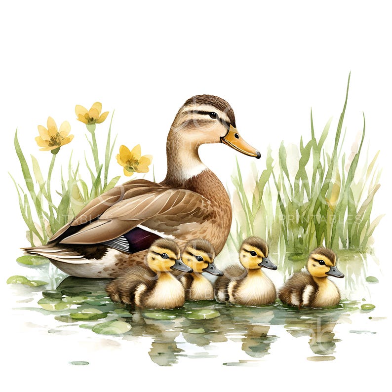 Pode incluir: Um pato castanho com um bico amarelo e um grupo de quatro patinhos a nadar num lago com juncos verdes e flores amarelas.