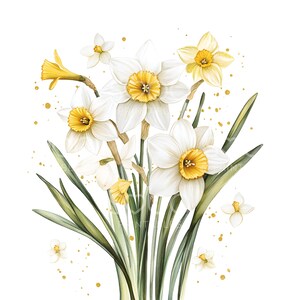 May include: A bouquet of white daffodils with yellow centers and green leaves. The flowers are arranged in a vase and are surrounded by small, gold-colored dots.