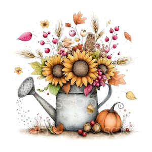 Può includere: Illustrazione ad acquerello di un annaffiatoio in metallo zincato traboccante di girasoli, bacche e foglie autunnali. Una piccola zucca arancione e ghiande alla base. L'immagine ha un tema rustico e autunnale.