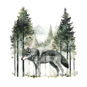 36 Wolf in bos clipart, bosdieren, afdrukbare aquarel clipart, hoge kwaliteit jpg's, digitale download, Paper Craft, Junk Journal S559
