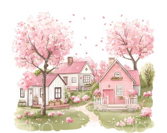 May include: Watercolor illustration of a charming village scene with pink houses and blossoming cherry trees. The houses have pink roofs and are surrounded by lush greenery and pink flowers. A pathway leads through the village.