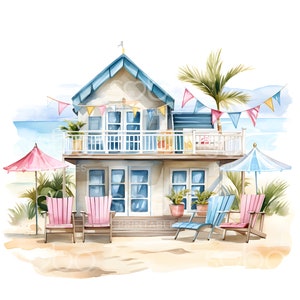 Dom na plaży Pastelowe Clipart - 19 Wysokiej Jakości JPG, Dekoracja Sztuki Morskiej, Clipart Podróży, Cyfrowe Rzemiosło Papierowe, Wakacje Letnie, Sztuka Ścienna S133