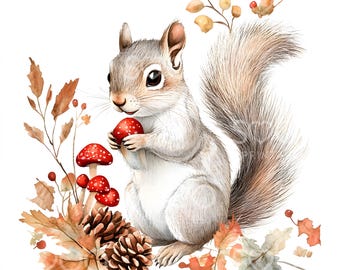 May include: A watercolor illustration of a squirrel holding a red mushroom, surrounded by autumn leaves, pine cones, and berries.