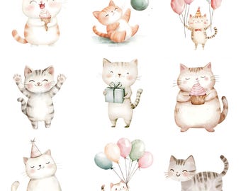 27 Cartoon Party Cats Clipart, Nursery Cats, Cute Kitten, High Quality JPGs, Digital Planner, Wall Art Commercial Use, Digital Download S252