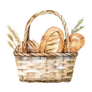 Op de afbeelding: Een rieten mand gevuld met verschillende broden, waaronder een baguette, een rond brood en een kleiner brood. Tarwehalmen zijn zichtbaar aan de zijkant van de mand.